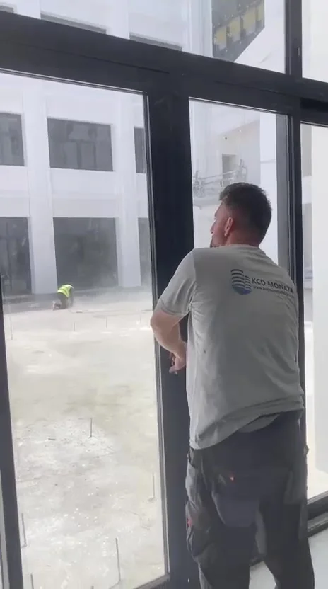 KCD on-site craftsmanship: Aluminium sliding door fitting and precision lock adjustment